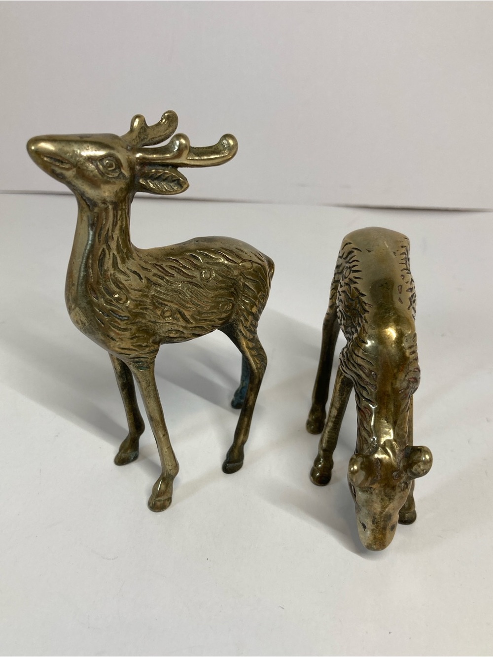 Vintage Solid Brass Deer Pair Buck & Doe Figurines 4” MCM Decor